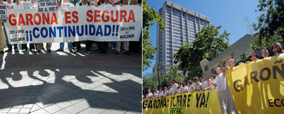 Dos manifestaciones de signo opuesto en Madrid: ante el Congreso, empleados de la central de Garoña por su continuidad; ante Industria, ecologistas por el cierre. rn u. martín