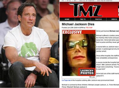 A la izquierda, Harvey Levin, director de TMZ.com; arriba, página de la  web  en la que se daba la noticia de la muerte de Michael Jackson.