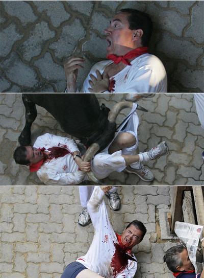 Secuencia de la cogida que sufrió ayer P. T. L., de 44 años, en el tramo final del encierro por el toro  Ermitaño .