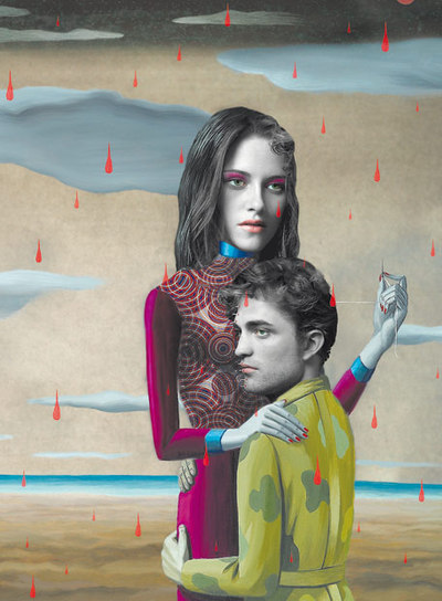  Kristen Stewart y Robert Pattinson, protagonistas de 'Crepúsculo', en una ilustración de    Gino Rubert    a partir de su pintura 'El cazador cazado'. El artista catalán, autor de las cubiertas de la edición española de la trilogía 'Millennium', de Stieg Larsson, interpreta para 'EP3' el otro 'best seller' mundial del momento. 