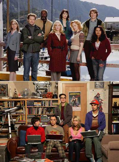Anne Hache y el reparto de  Men in Trees.  Abajo, los protagonistas de  Big Bang Theory .