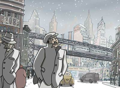 Dibujo de Javier Mariscal de Nueva York en los años cincuenta para la película de animación  Chico y Rita. 