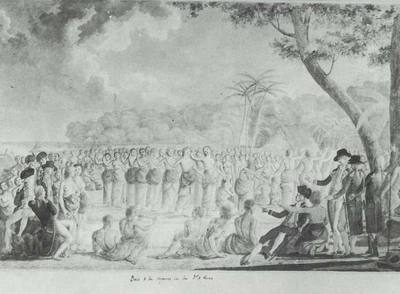 Grabado  Baile de mujeres en Vavao , que refleja el momento en el que los marineros llegaron a la isla y descubrieron la belleza de sus mujeres.