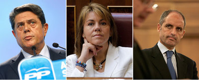 'VÍCTIMAS' QUE NO ACUDEN A LOS TRIBUNALES'. Ni la secretaria general del PP, María Dolores de Cospedal (centro), ni el portavoz de Justicia, Federico Trillo (izquierda), ni Francisco Camps (derecha), que consideran que el Gobierno espía a su partido, han denunciado esos supuestos delitos ante el juez.