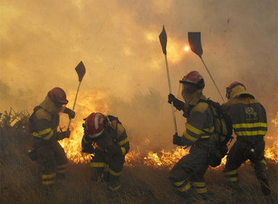 Equipos de extención en el incendio de Vilardevós (Ourense).