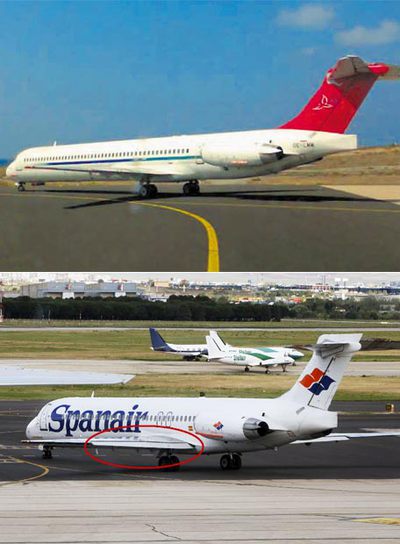 Arriba, el MD-83 de Mapjet antes de despegar de Lanzarote sin  flaps  el 5 de junio de 2007. Un piloto de otro avión tomó la foto. Abajo, un avión similar con los  flaps  bien desplegados para el despegue.