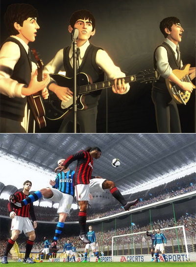  Rock Band Beatles,  el esperado debut en videojuego de la banda de Liverpool (arriba) y escena de  FIFA 201o. 