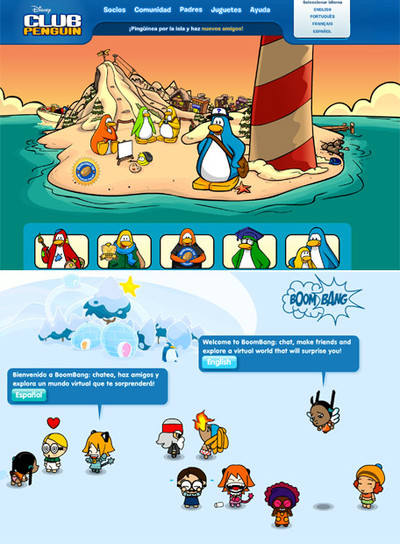  Web  de Club Penguin (arriba) y Boombang.