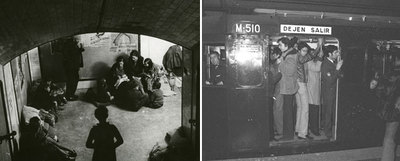 Un grupo de personas se refugia en un pasillo del metro de los bombardeos de la Guerra Civil. En la imagen de la derecha, aglomeración de viajeros en un vagón en 1978.
