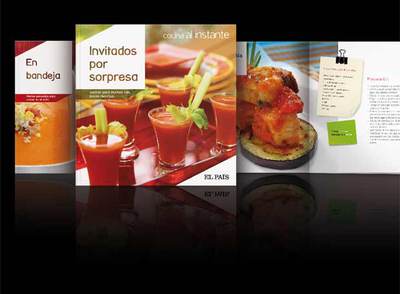 Portadas de los primeros libros y una de las recetas de la nueva colección  Cocina al instante,   que comenzará el 25 de octubre. 