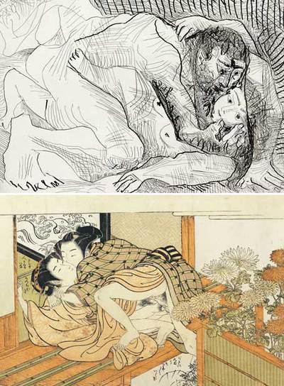 Arriba, grabado de Picasso de la serie  Abrazos . Abajo, un  shunga  de Koryüsai.