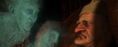 Mr. Scrooge, al que pone gestos y voz Jim Carrey, en un fotograma de  Cuento de Navidad. 