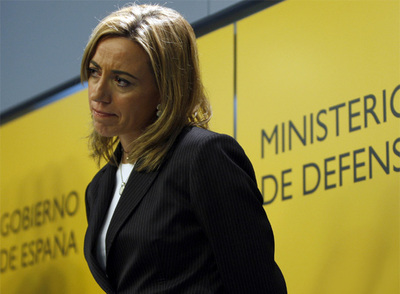 Carme Chacón durante la rueda de prensa que ofreció ayer sobre el dispositivo militar para liberar el  Alakrana. 