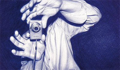 En la imagen,  Click#3,  del pintor hiperrealista Juan Francisco Casas (La Carolina, Jaén, 1976), realizada exclusivamente con bolígrafo Bic azul. exposición: Galería Fernando Pradilla, Madrid (enero 2010).