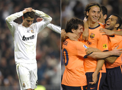 Cristiano, a la izquierda, tras fallar un penalti y Messi abrazado a Ibrahimovic.