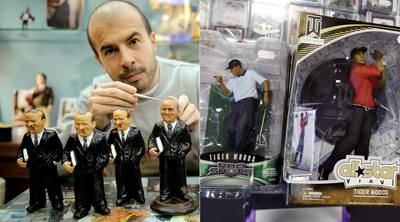 Marco Ferrigno, autor del muñeco de Berlusconi, con sus creaciones; a la derecha las figuras de Tiger Woods, en una tienda de California.
