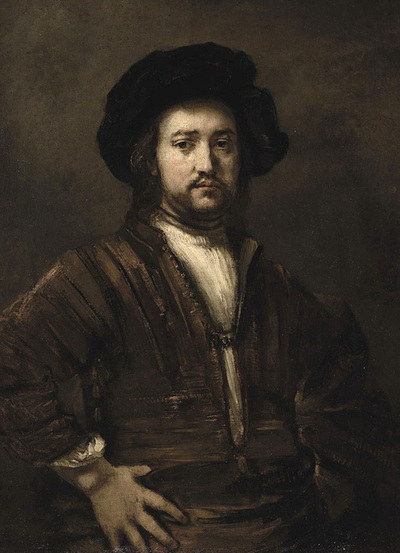  Retrato de medio cuerpo de un hombre con los brazos en jarras,  de Rembrandt.