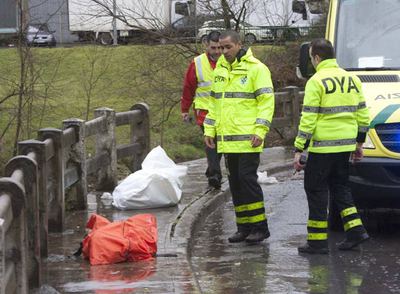 Las asistencias sanitarias junto a los cadáveres de dos personas fallecidas el pasado abril al caer su coche al Ibaizabal en Galdakao.