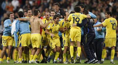 Los jugadores del Alcorcón celebran la clasificación para los octavos de final tras eliminar al Real Madrid.