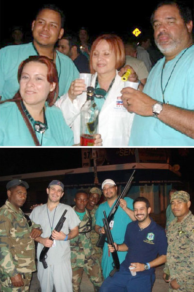 Médicos puertorriqueños que acudieron a socorrer a las víctimas del seísmo del pasado 12 de enero han aprovechado algunos momentos de solaz para hacerse fotos levantando copas y botellas de vino y whisky y empuñando armas prestadas por soldados dominicanos