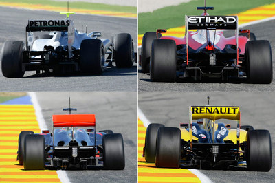 De izquierda a derecha y de arriba abajo, los coches de Brawn, Ferrari, McLaren y Renault rodando ayer en el circuito de Cheste.