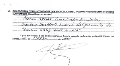 Detalle de la declaración de actividades de Luis Bárcenas, tal como figuraba ayer en la página  web  del Senado.