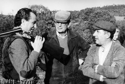 Miguel Delibes con Juan Diego y Alfredo Landa en el rodaje de  Los santos inocentes .