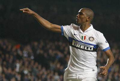 Eto'o celebrando el gol que marcó ante el Chelsea