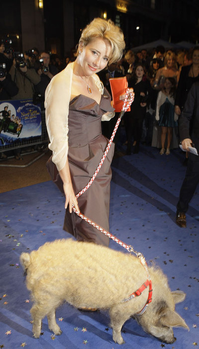 La actriz británica Emma Thompson acudió acompañada de un cerdo al estreno en Londres de la segunda entrega de  La niñera mágica , que en España se estrena el próximo 31 de marzo bajo el título  La niñera mágica y el big bang .