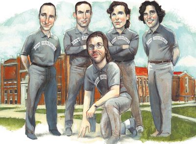  De izquierda a derecha, David Sedaris, Chuck Palahniuk, Michael Chabon y Jonathan Lethem. Agachado, David Foster Wallace. Cinco de los más destacados integrantes de la  Next generation.  