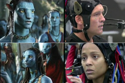 Sam Worthington (arriba) y Zoe Saldana, con los trajes que graban sus movimientos y los convierten en imagen digital (a su izquierda) en  Avatar. 