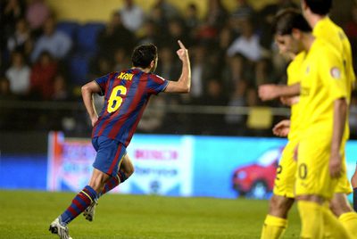 Xavi celebra su gol al Villarreal, el segundo del Barcelona, el pasado sábado.