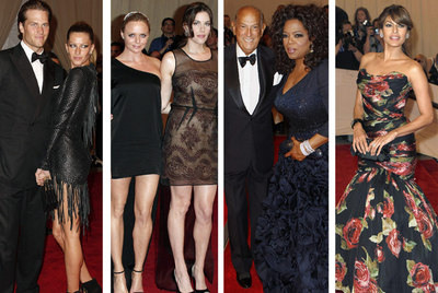 De izquierda a derecha, Gisele Bündchen y Tom Brady; la diseñadora Stella McCartney con Liv Tyler y Kate Hudson; Oprah Winfrey, vestida por Óscar de la Renta, y Eva Mendes.