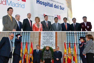 Esperanza Aguirre asiste con otras autoridades a la colocación de la primera piedra del hospital del Sur, antes de su construcción. El homenaje a las víctimas del 11 de marzo, en 2006.