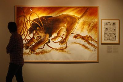 Un dibujo del belga Frank Pé interpreta en gran formato al Marsupilami, el personaje más conocido de André Franquin, autor de cómics también belga, en la exposición  100 x 100 cómic. 