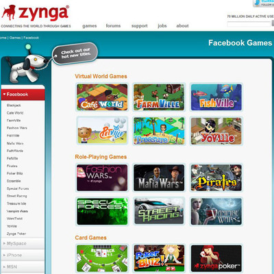 Página de acceso a   Mafia Wars, FishVille   y demás juegos de Zynga para Facebook.