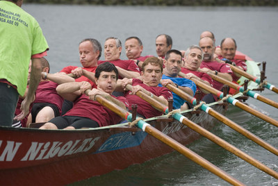 La trainera de veteranos de Getxo, durante el entrenamiento del pasado jueves.
