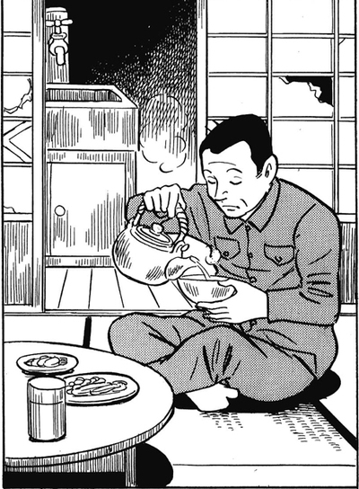 Viñeta de  La vida errantre,  en la que Yoshihiro Tatsumi se dibuja a sí mismo.