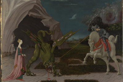 , y  Saint George and the Dragon   (hacia 1470), de Paolo Uccello. La historia que reproduce el cuadro procede de una colección de vidas de santos escrita en el siglo XIII,  The Golden Legend.  Uccello realizó una versión anterior y menos dramática del mismo tema que se encuentra en París.