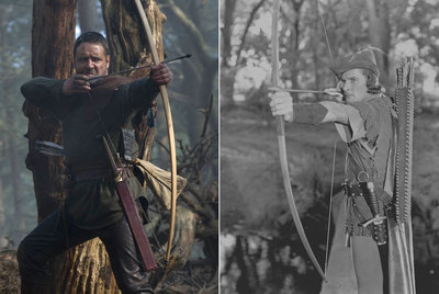 De izquierda a derecha, Russell Crowe y Errol Flynn, interpretando a Robin Hood.