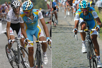 Contador con Schleck en Avoriaz y a la derecha, en el pavés de Arenberg.