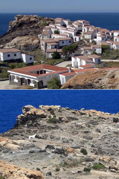 Arriba, el cabo de Creus con los apartamentos del Club Med, y, abajo, la zona en la actualidad.
