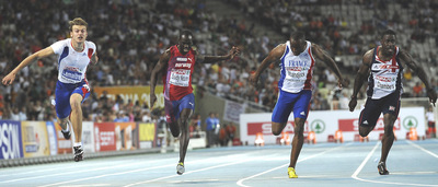 Lemaitre (izquierda), campeón europeo de 100 metros, se impone a Saidy Ndure, Mbandjock  y Chambers, sexto, tercero y quinto, respectivamente, en la final. 