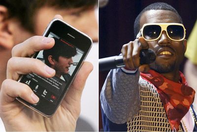 A la izquierda, el rey del  twitteo  y actor Ashton Kutcher. Arriba, el rapero Kanye West durante una actuación.