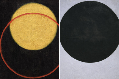  Círculo negro   (1923)   de  Malévich; a la izquierda,  Esfera de color y círculo   (1918)  de Rodchenko.