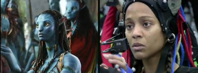 Zoe Saldana, a la derecha, con el traje que grababa sus movimientos para transformarla en un personaje virtual en  Avatar. 