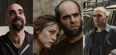 Luis Tosar, en los tres filmes preseleccionados para los Oscar por la Academia española del Cine. De izquierda a derecha, en  Celda 211,  con Leonor Watling en  Lope,  y en  También la lluvia. 