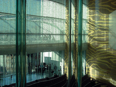  Acústica. Para La Casa de Música, en Portugal, se necesitaba tamizar la luz que entraba por los amplios ventanales ideados por Rem Koolhaas. Blaisse diseñó unas cortinas con efecto óptico deslumbrante. En la sala optó por un entramado de hilos. 