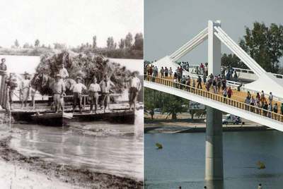 A la izquierda, fotografía de una barcaza antes de la mecanización. A la derecha, el flamante puente.