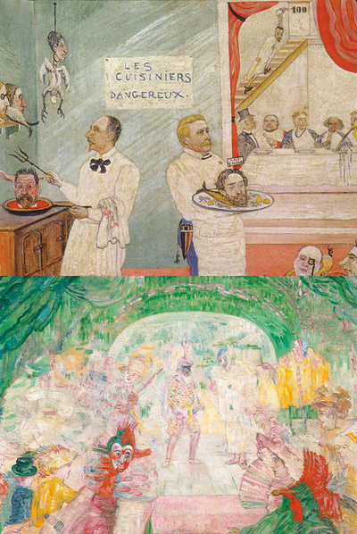  Teatro de máscaras  y  Los cocineros peligrosos,  de James Ensor, obras que se exponen en la Fundación Carlos de Amberes.